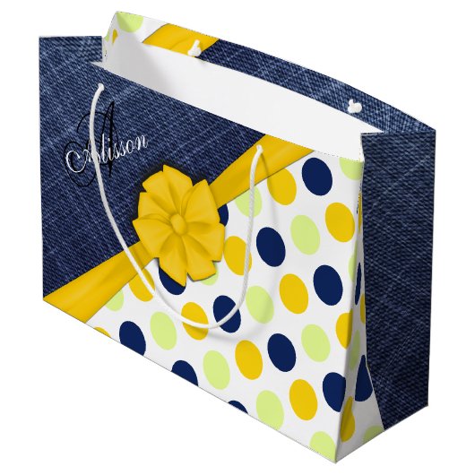 Gelbes Band, Jeans Fabric, Dots Pattern Monogramm Große Geschenktüte (Rückseite Schrägansicht)