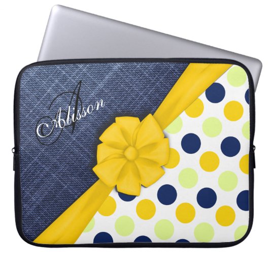 Gelbes Band, Jeans Fabric, Dots Pattern Monogramm Laptopschutzhülle (Vorderseite)