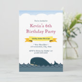 Gelbes Banner Blauer Wal Geburtstag Einladungen (Stehend Vorderseite)