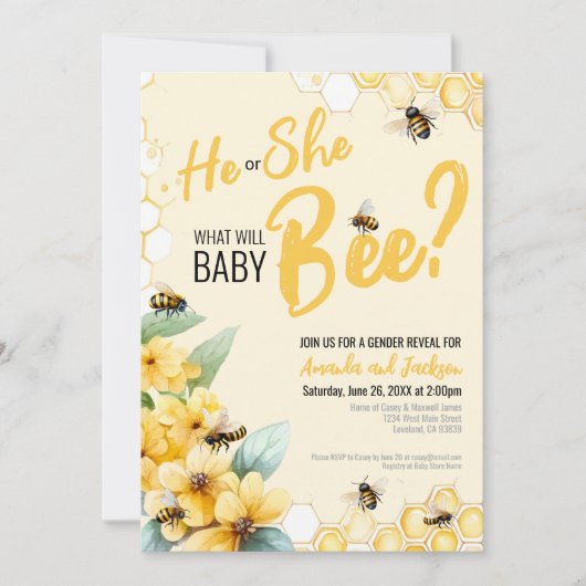Gelbes Bienengeschlecht-Party Einladung (Vorderseite)