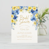 Gelbes blaues Blume Brautparty Einladung (Stehend Vorderseite)