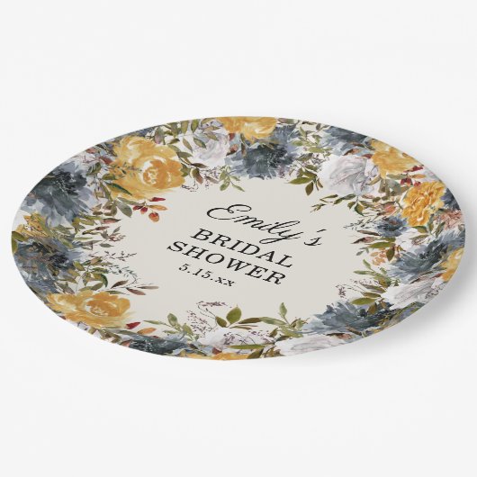 Gelbes blaues Brautparty Pappteller (Schrägansicht)