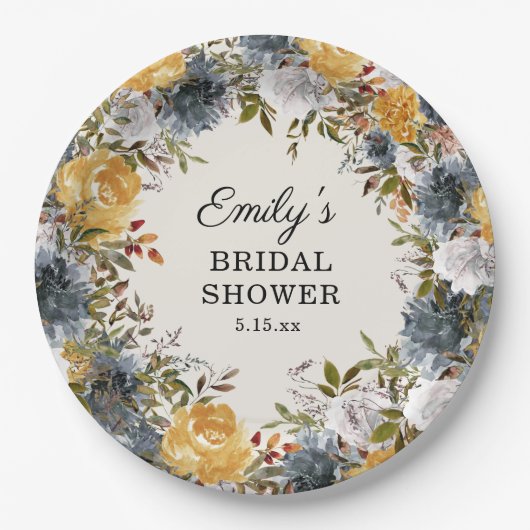 Gelbes blaues Brautparty Pappteller (Vorderseite)