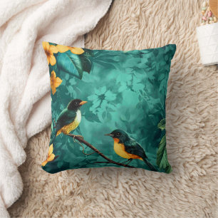 Gelbes Blumen- und Vogel-Vintage-Muster Wald Kissen
