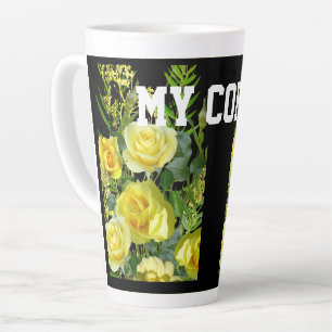 Gelbes Blumenbild Mein Kaffee Text Latte Tasse