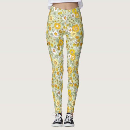 Gelbes Blumengartenmuster Leggings (Vorderseite)