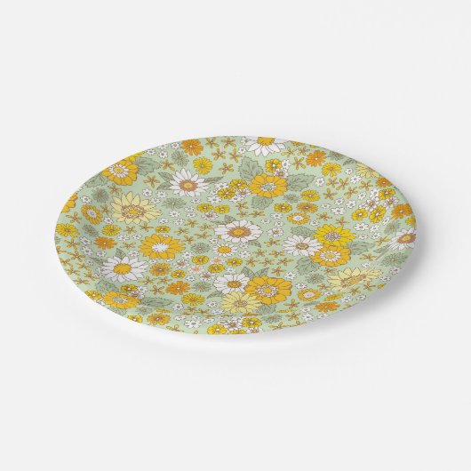 Gelbes Blumengartenmuster Pappteller (Schrägansicht)