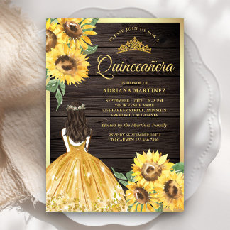 Gelbes Blumenkleid Sonnenblumen Holz Quinceanera Einladung