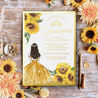 Gelbes Blumenkleid Sonnenblumen Quinceanera Gold Folieneinladung