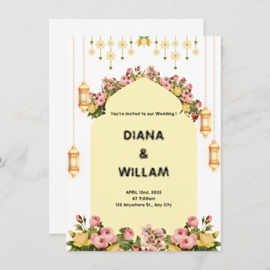 Gelbes Blumenmuster Einladung zur Hochzeit (Vorne/Hinten)