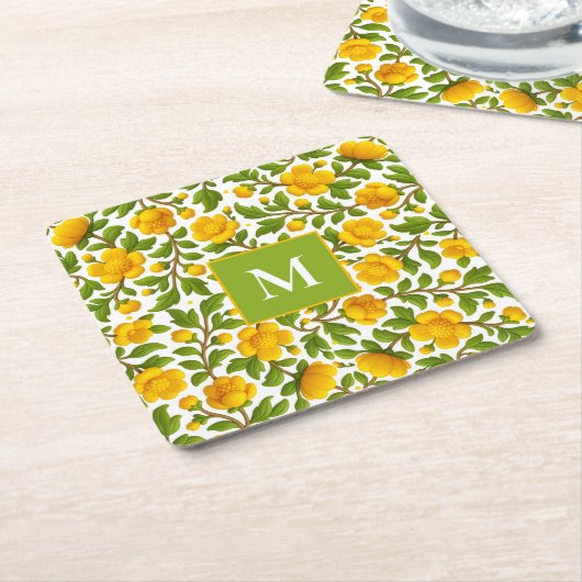 Gelbes Blumenmuster - Personalisiertes Monogramm Rechteckiger Pappuntersetzer (angewinkelt)