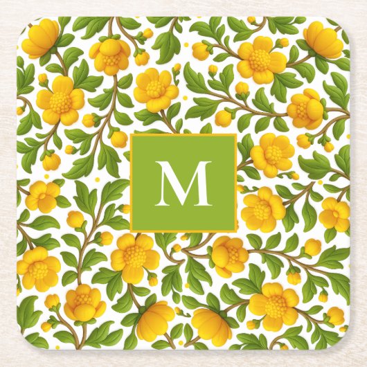 Gelbes Blumenmuster - Personalisiertes Monogramm Rechteckiger Pappuntersetzer (Vorderseite)