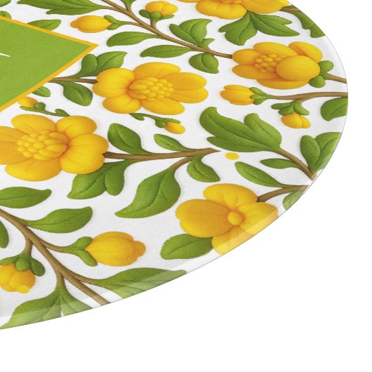 Gelbes Blumenmuster - Personalisiertes Monogramm Schneidebrett (Ecke)