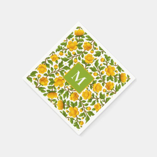 Gelbes Blumenmuster - Personalisiertes Monogramm Serviette (Ecke)