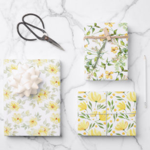 Gelbes Blumenverpackungspapier, Botanisches Gesche Geschenkpapier Set