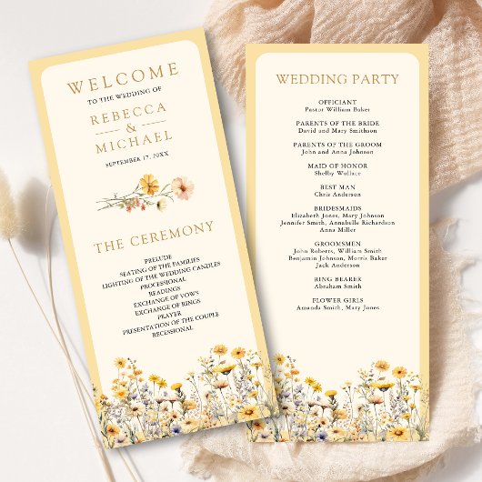 Gelbes Boho-Wildblumen-Hochzeitsprogramm