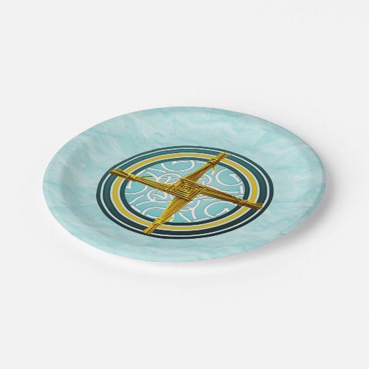 Gelbes Brigidskreuz auf blau Pappteller (Schrägansicht)
