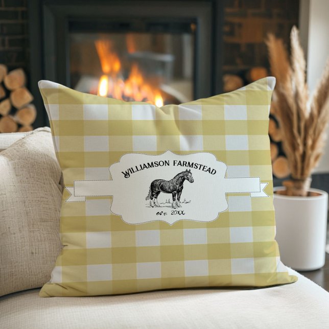 Gelbes Buffalo Kariertes Bauernpferd Kissen (Yellow Buffalo Plaid Farm Horse Throw Pillow)
