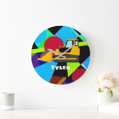 Gelbes Bulldozer, geometrische Formen Kindername Große Wanduhr (Zuhause)