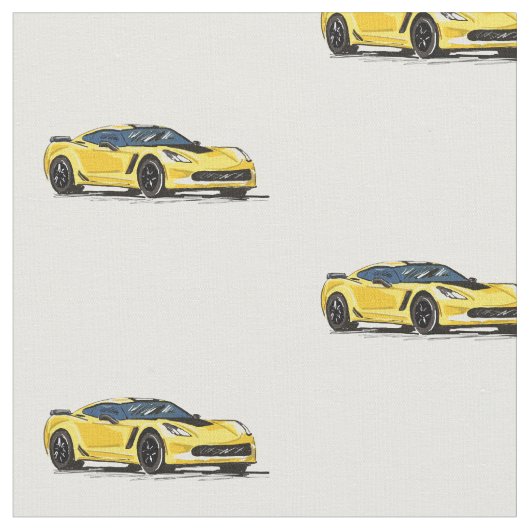 Gelbes C7 Korvette Handgezeichnetes Sketch-Gewebe Stoff (Nahaufnahme)