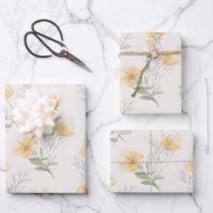 Gelbes Cottagecore-Wildblumen-Botanik-Print Geschenkpapier Set