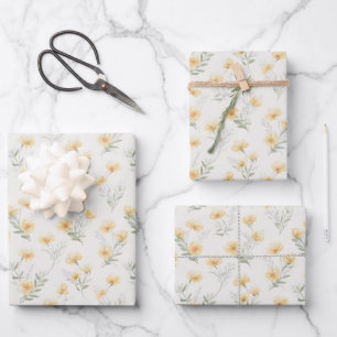 Gelbes Cottagecore-Wildblumen-Botanik-Print Geschenkpapier Set