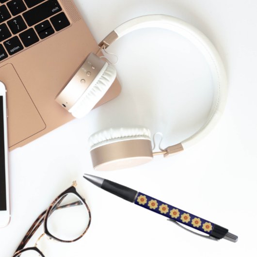 Gelbes Dahlia auf blauem Blumenmuster Kugelschreiber