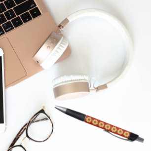 Gelbes Dahlia auf rotem Muster Kugelschreiber