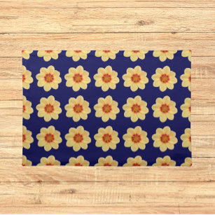 Gelbes Dahlia-Blumenmuster auf blau Stofftischset