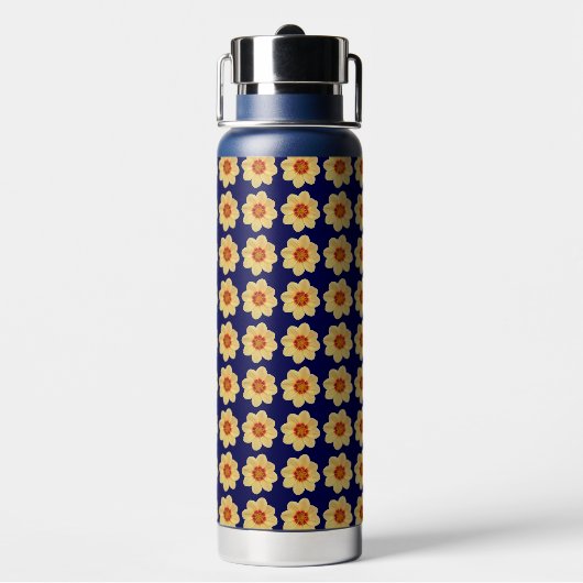 Gelbes Dahlia-Blumenmuster auf blau Trinkflasche (Hinten)
