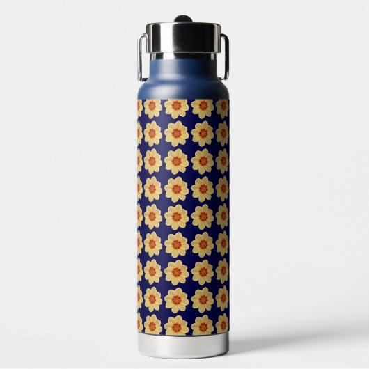 Gelbes Dahlia-Blumenmuster auf blau Trinkflasche (Vorderseite)