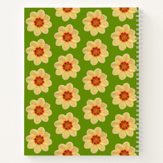 Gelbes Dahlia-Blumenmuster auf Grün Notizblock (Rückseite)