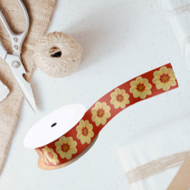 Gelbes Dahlia-Blumenmuster auf Rot Satinband