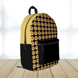 Gelbes Dahlia-Blumenmuster auf schwarz Bedruckter Rucksack