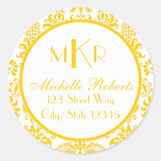 Gelbes Damask-Rücksendeadresse Runder Aufkleber (Vorderseite)