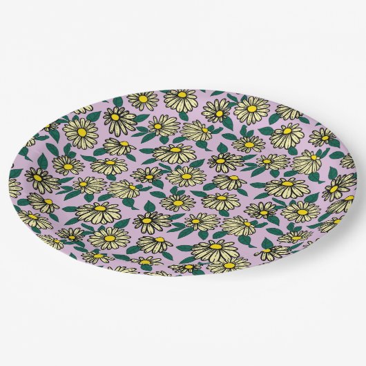 Gelbes Ditsy-Muster Pappteller (Schrägansicht)