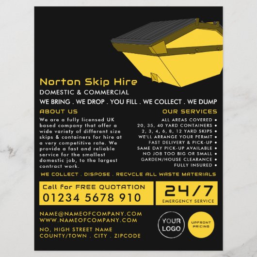 Gelbes Dumpster, Skip/Dumpster-Unternehmenswerbung Flyer (Vorne)