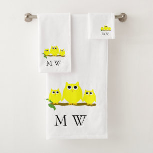 Gelbes Eulen-Design mit Monogramm Badhandtuch Set