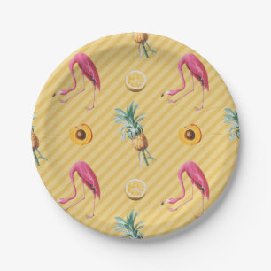 Gelbes Flamingo Mango Zitronen Muster Pappteller