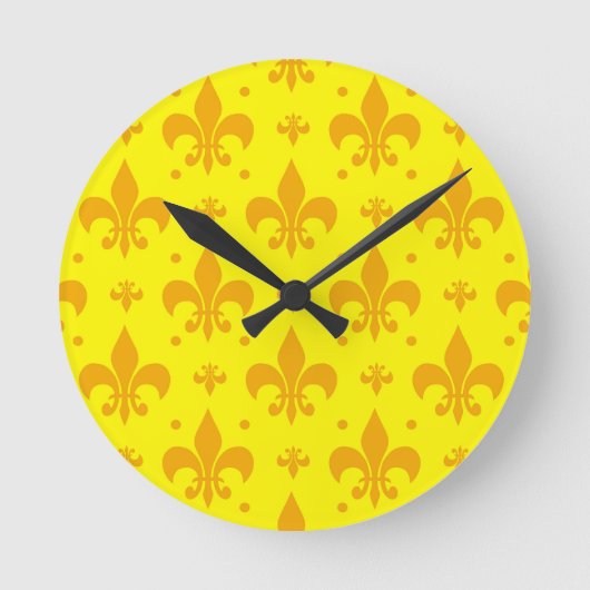 Gelbes Fleur-de-lis-Muster Runde Wanduhr (Vorderseite)