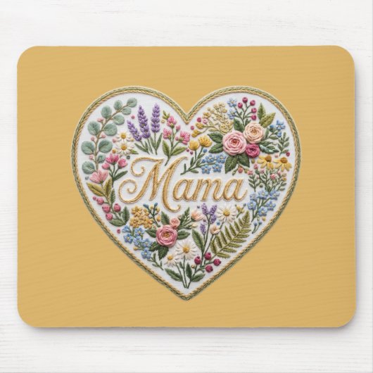 Gelbes florales falsches Stickerei-Herz Mama Mousepad (Vorne)
