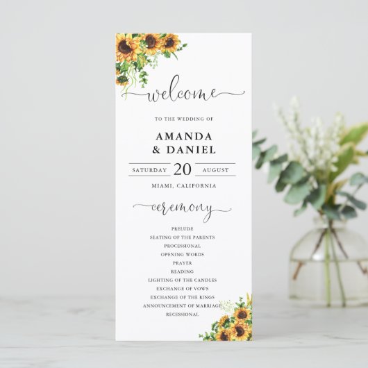 Gelbes florales Hochzeitsprogramm Programm (Stehend Vorderseite)