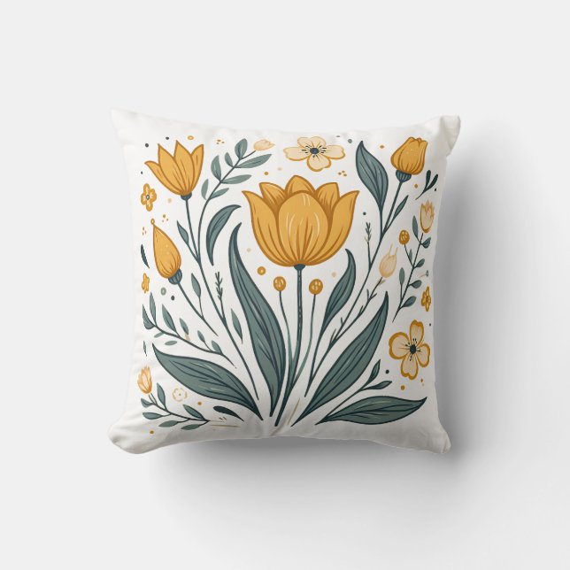 Gelbes Folk Tulip Throw Kissen (Vorderseite)