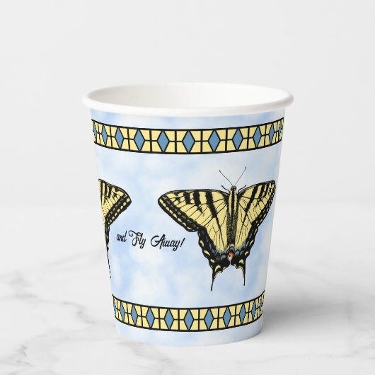 Gelbes Frack Butterfly Blue Sky Personalisiert Pappbecher (Rückseite)