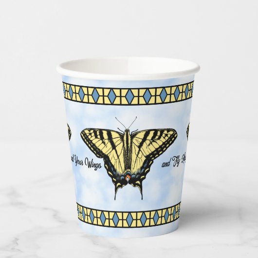 Gelbes Frack Butterfly Blue Sky Personalisiert Pappbecher (Links)