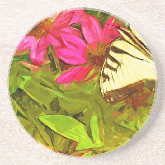 Gelbes Frack Schmetterling auf Blume Abstrakt Getränkeuntersetzer (Vorne)