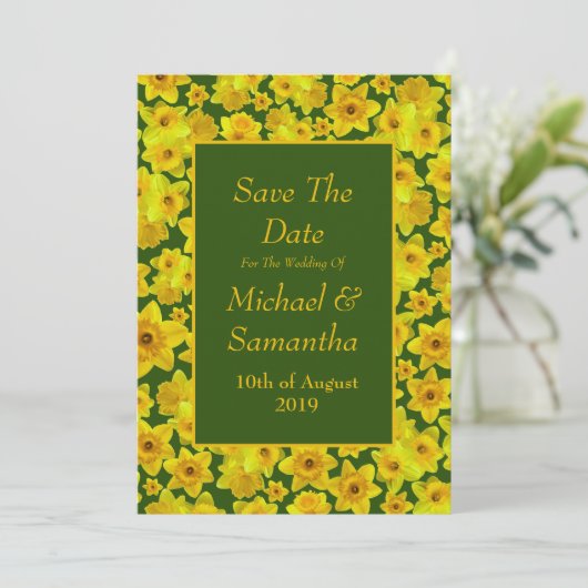 Gelbes Frühlingsdüster - Hochzeit rettet das Datum Einladung (Stehend Vorderseite)