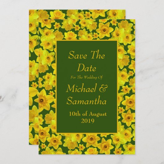 Gelbes Frühlingsdüster - Hochzeit rettet das Datum Einladung (Vorne/Hinten)