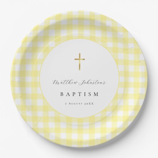 Gelbes Gingham-Babytaufe-Papier  Pappteller (Vorderseite)