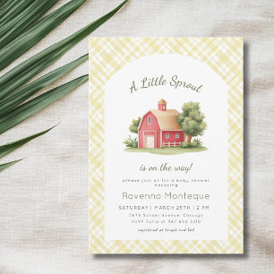 Gelbes Gingham-Bauernhaus Kleine Sprossen Babypart Einladung